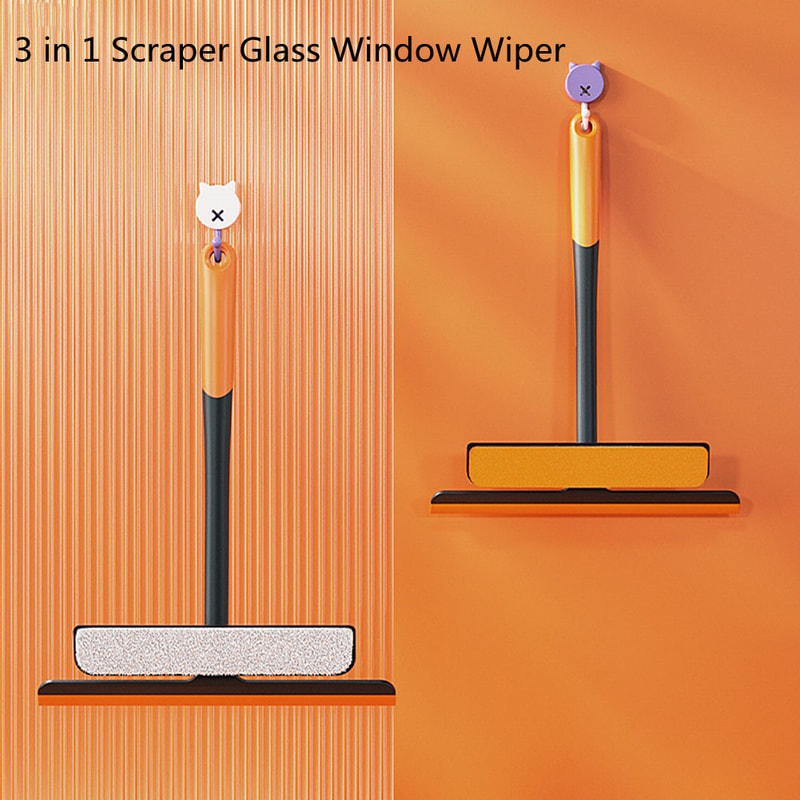 3-in-1 Shower Squeegee, Glass Cleaner Scraper, Wall Hanging Mirror Wiper with Handle for Window, Floor, and Household