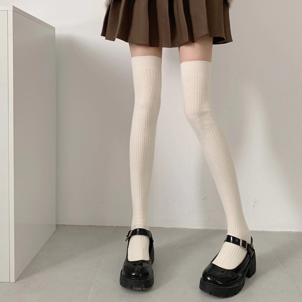 Autumn Winter Womens Stockings, Lolita Long Tight Socks in Black & White, Vertical Stripes Cotton Over Knee Thigh Socks