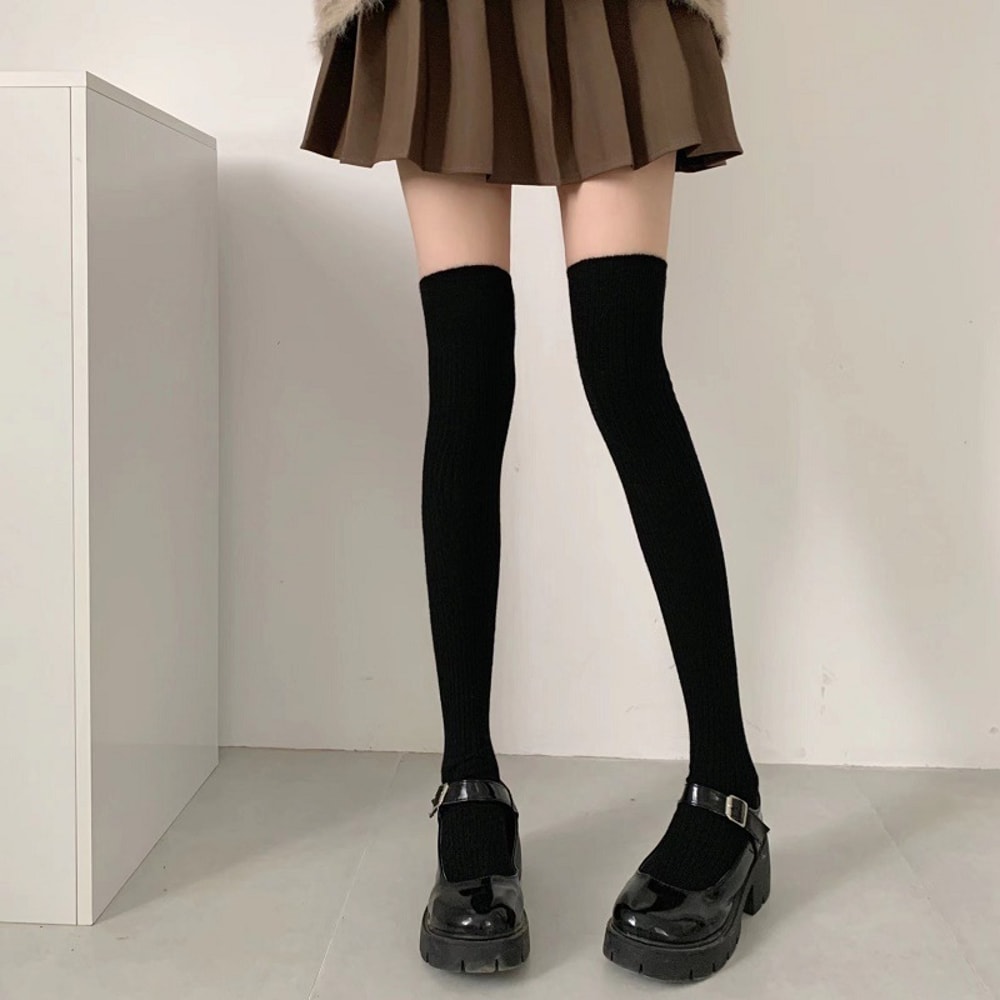 Autumn Winter Womens Stockings, Lolita Long Tight Socks in Black & White, Vertical Stripes Cotton Over Knee Thigh Socks