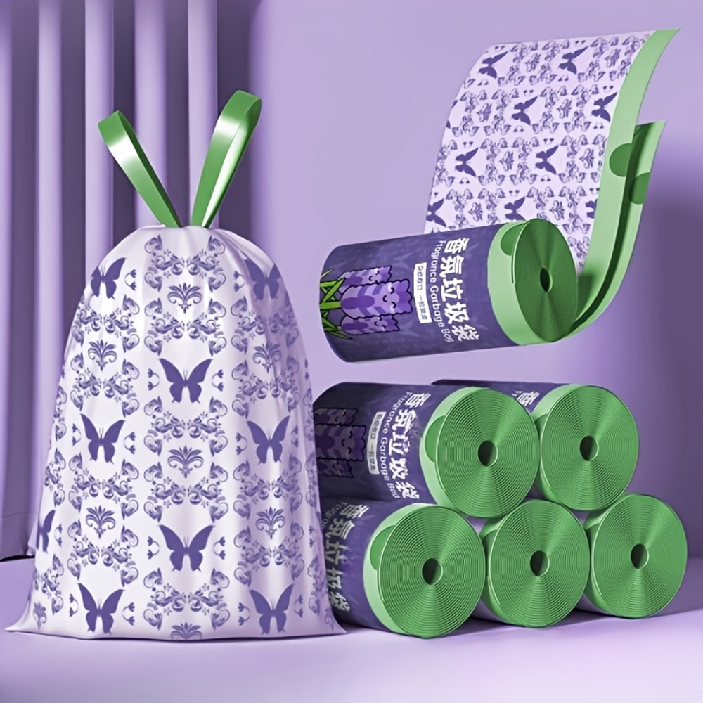 Lavender Scented Large Capacity Drawstring Trash Bags with Handles for Kitchen, Bathroom, Bedroom & Living Room