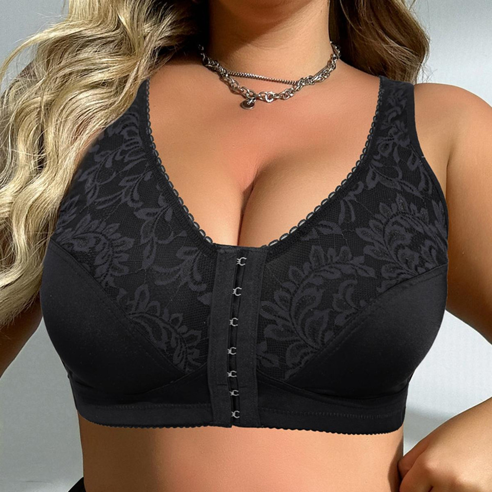 BEAUWEIR 7-Hook Front Closure Bra, Unlined Wire-Free Minimizer Bralette with Floral Design for All-Day Comfort