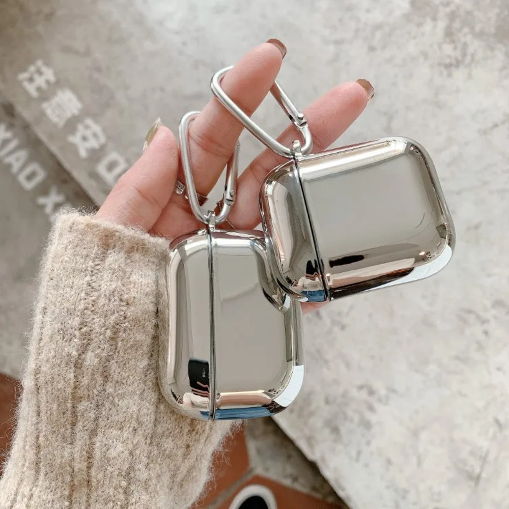 Apple Airpods 1 2 3 4 Pro Pro2 Protective Earphone Case, Electroplated Mirror Silver, Stylish Cover With Hook