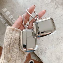 apple airpods 1 2 3 4 pro pro2 protective earphone case, electroplated mirror silver, stylish cover with hook