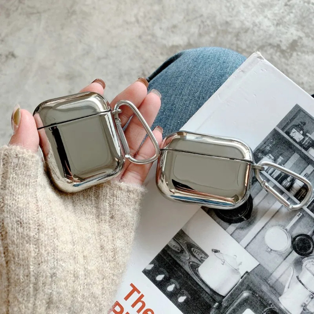 Apple Airpods 1 2 3 4 Pro Pro2 Protective Earphone Case, Electroplated Mirror Silver, Stylish Cover With Hook