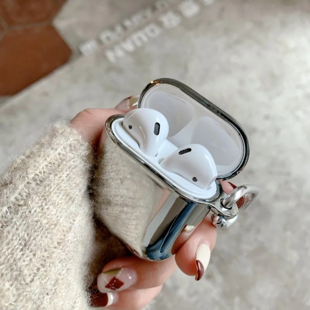 Apple Airpods 1 2 3 4 Pro Pro2 Protective Earphone Case, Electroplated Mirror Silver, Stylish Cover With Hook