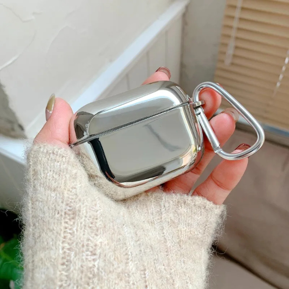 Apple Airpods 1 2 3 4 Pro Pro2 Protective Earphone Case, Electroplated Mirror Silver, Stylish Cover With Hook