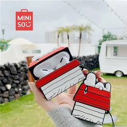 new miniso snoopy airpods pro case 1 2 3, cartoon silicone wireless bluetooth earbuds, protective cover with lanyard
