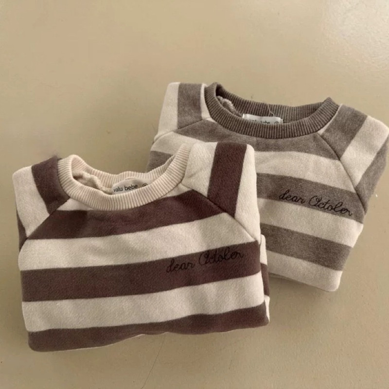 Baby Striped Sweatshirt Winter, New Long Sleeve Fleece Tops for Infant Boy, Girls, Plus Velvet Thick Casual Pullover