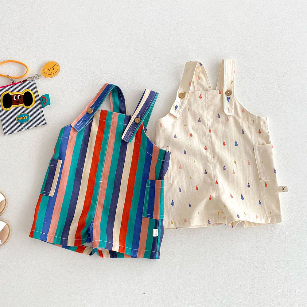 9M-5T Summer Kids Clothes, Colorful Striped Overalls with Raindrop Print, Girls Jumpsuit Outfit