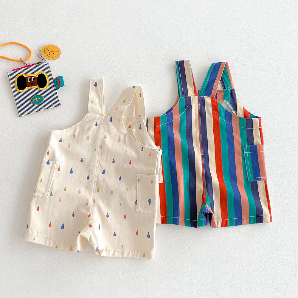 9M-5T Summer Kids Clothes, Colorful Striped Overalls with Raindrop Print, Girls Jumpsuit Outfit