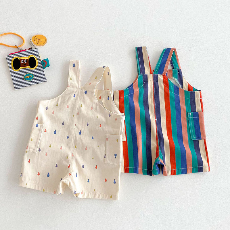 9M-5T Summer Kids Clothes, Colorful Striped Overalls with Raindrop Print, Girls Jumpsuit Outfit