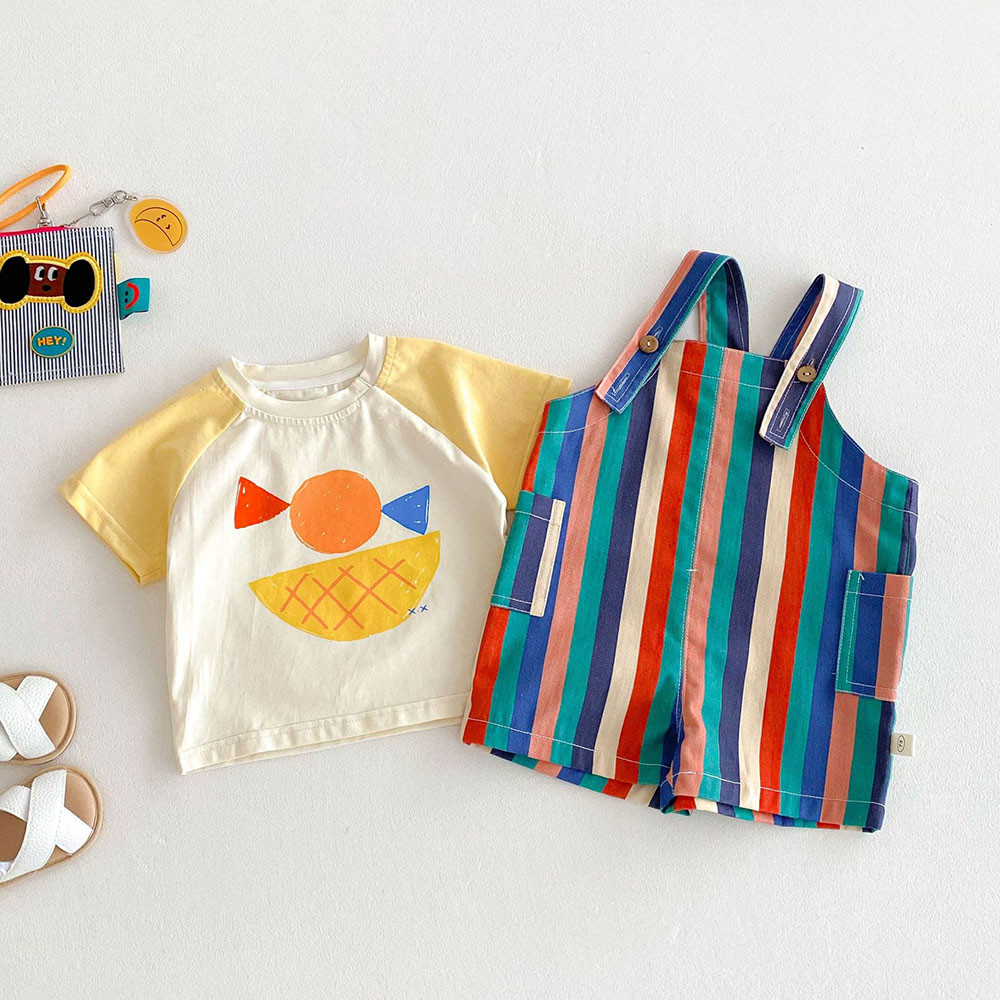 9M-5T Summer Kids Clothes, Colorful Striped Overalls with Raindrop Print, Girls Jumpsuit Outfit