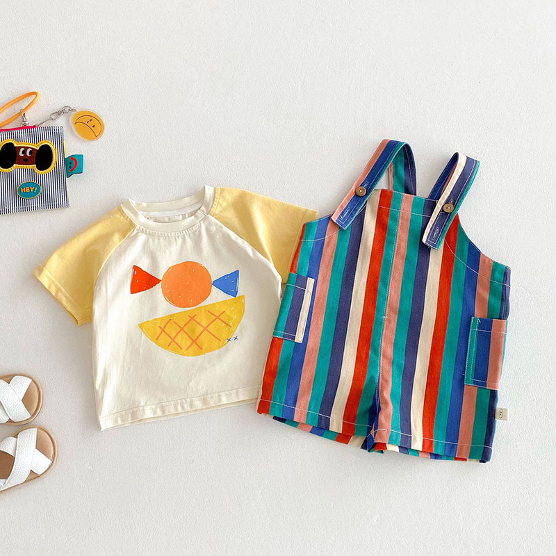 9M-5T Summer Kids Clothes, Colorful Striped Overalls with Raindrop Print, Girls Jumpsuit Outfit