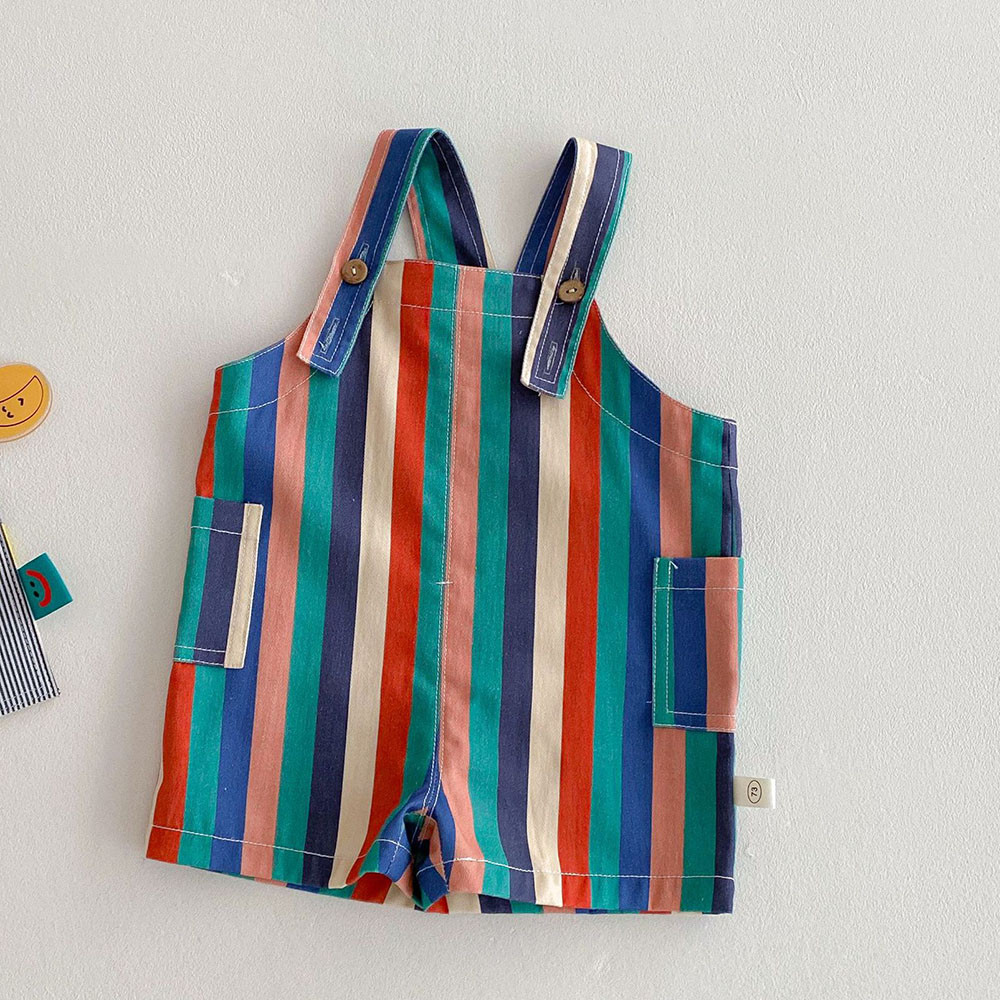 9M-5T Summer Kids Clothes, Colorful Striped Overalls with Raindrop Print, Girls Jumpsuit Outfit