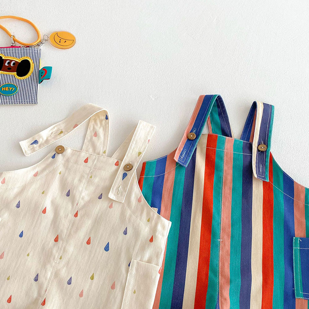 9M-5T Summer Kids Clothes, Colorful Striped Overalls with Raindrop Print, Girls Jumpsuit Outfit