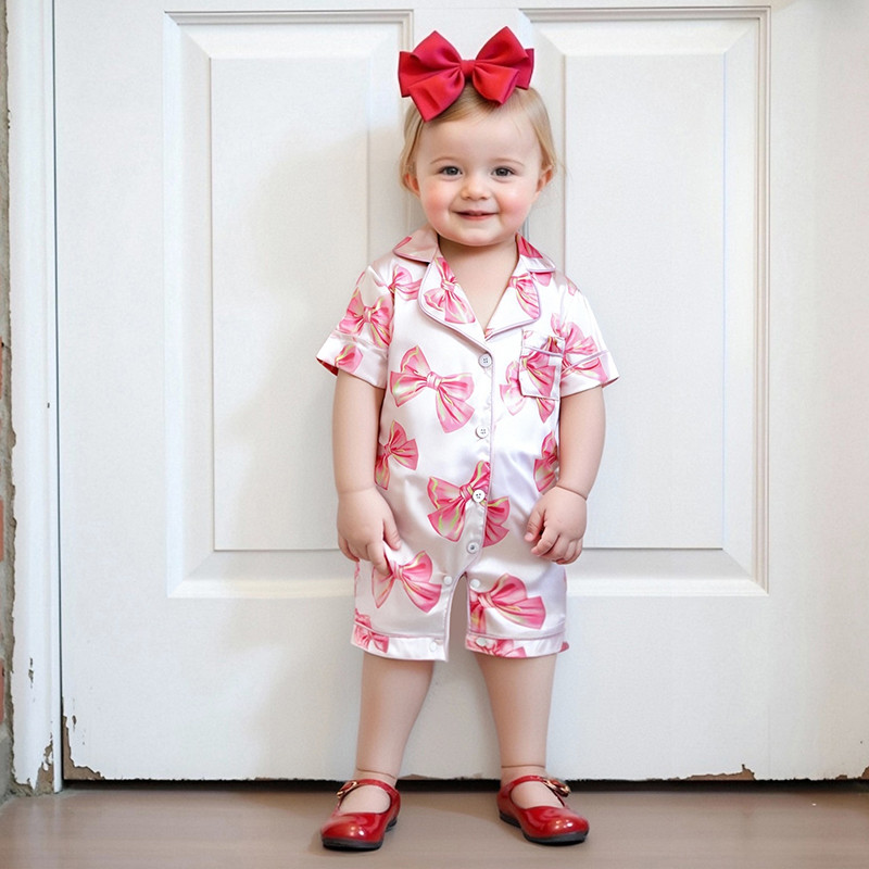Adorable Infant Princess Bow Satin Pajama Set, Short Sleeve Button-Up, Jumpsuit for Sweet Toddler Bedtime