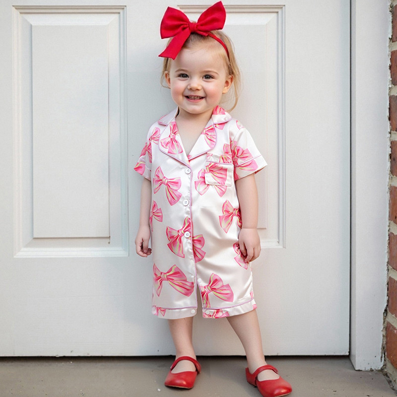 Adorable Infant Princess Bow Satin Pajama Set, Short Sleeve Button-Up, Jumpsuit for Sweet Toddler Bedtime