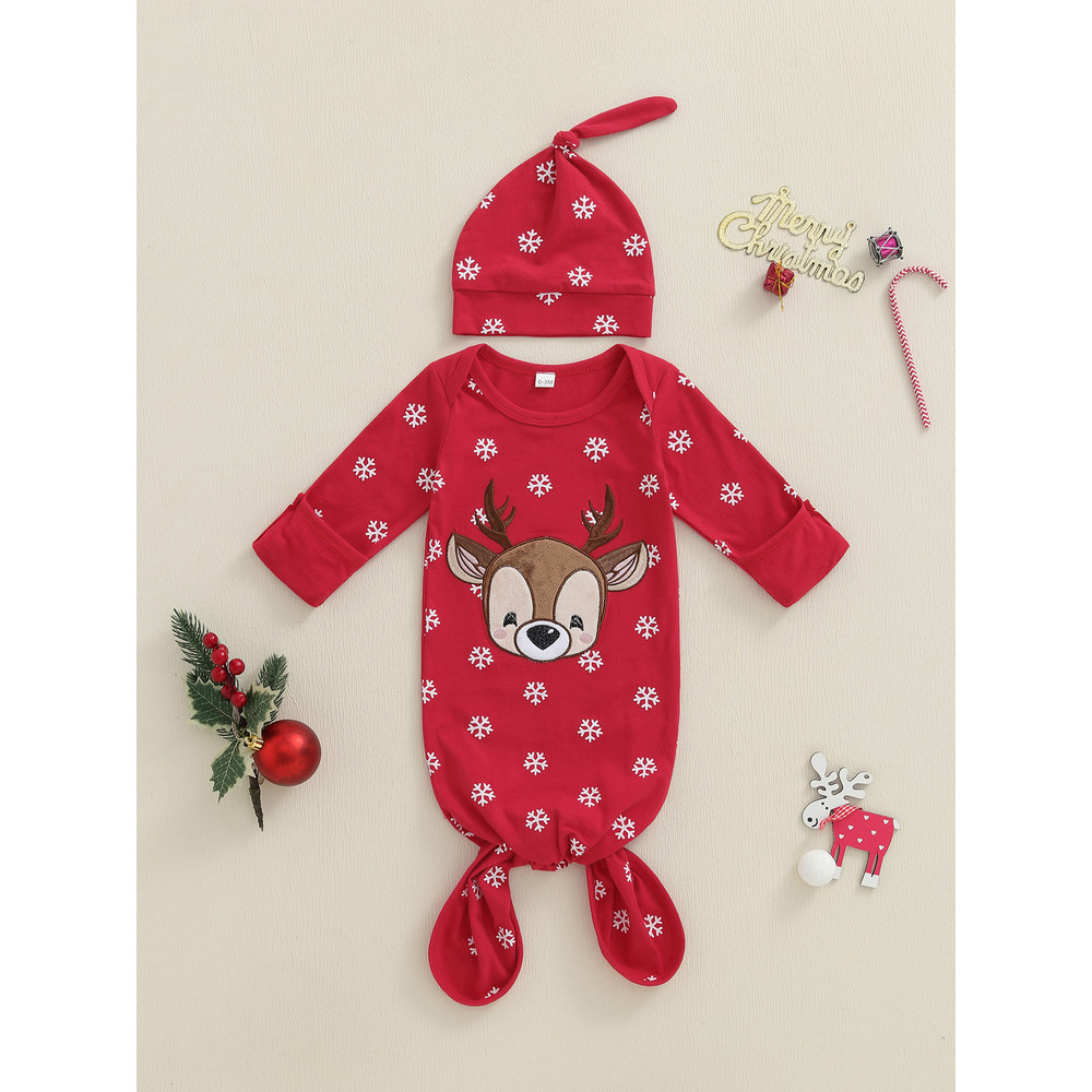 Infant Winter Pajama Set, Reindeer, Snowflake Print Sleepwear with Matching Christmas Hat