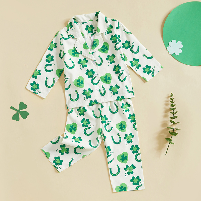 Infant Irish Pajama Set, 2-Piece Long Sleeve Button-Up Top, Pants Sleepwear Outfit for Toddlers & Babies