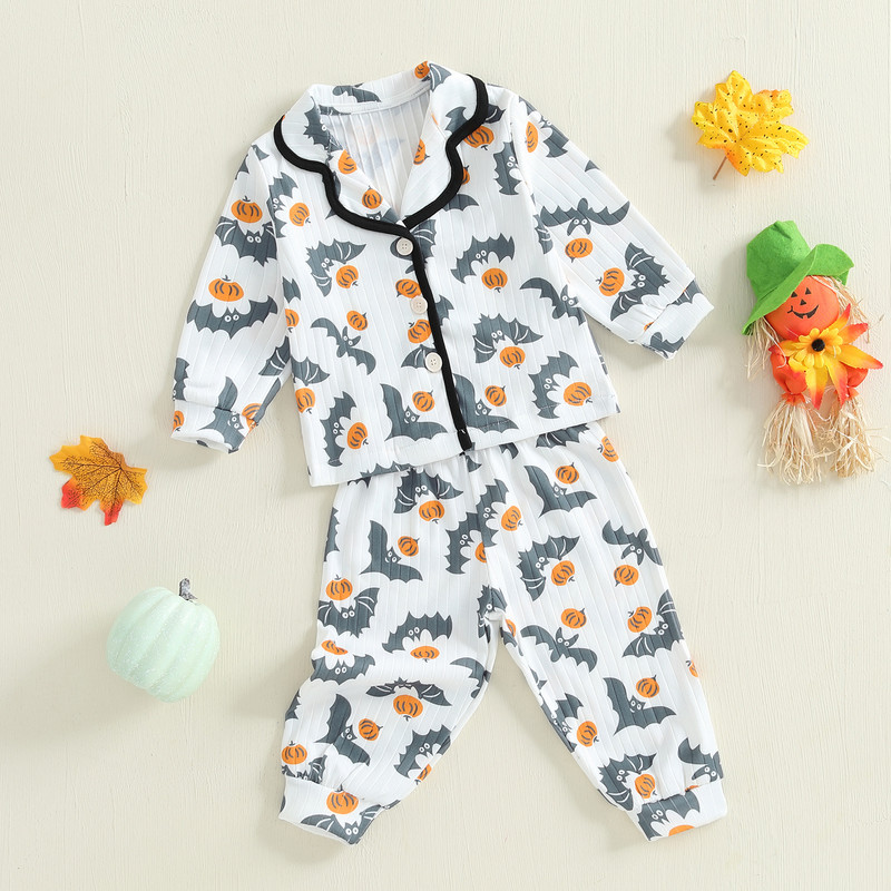 Toddler Baby Girl 2025 Halloween Pajama Set Bat Pumpkin Print Button Down Lapel Long Sleeve Top Pan 1