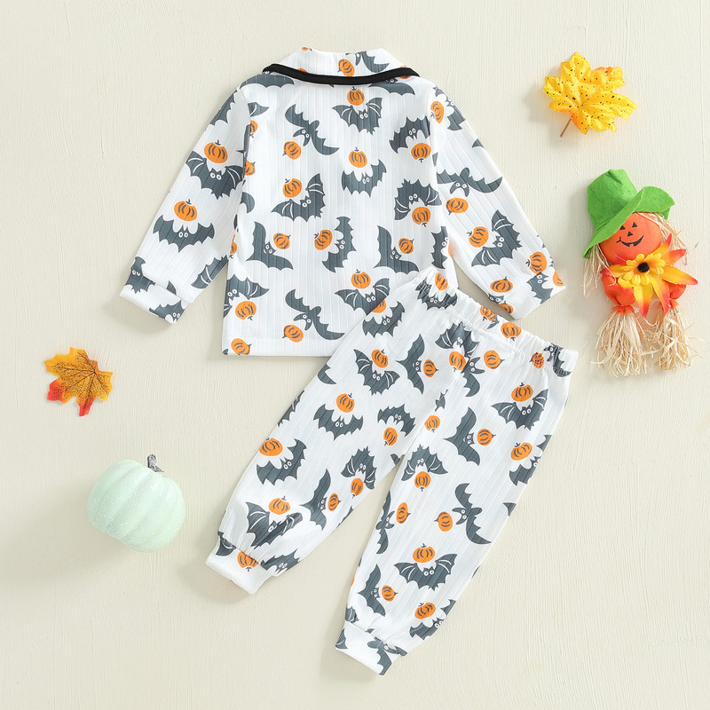 Toddler Baby Girl 2025 Halloween Pajama Set Bat Pumpkin Print Button Down Lapel Long Sleeve Top Pan 2