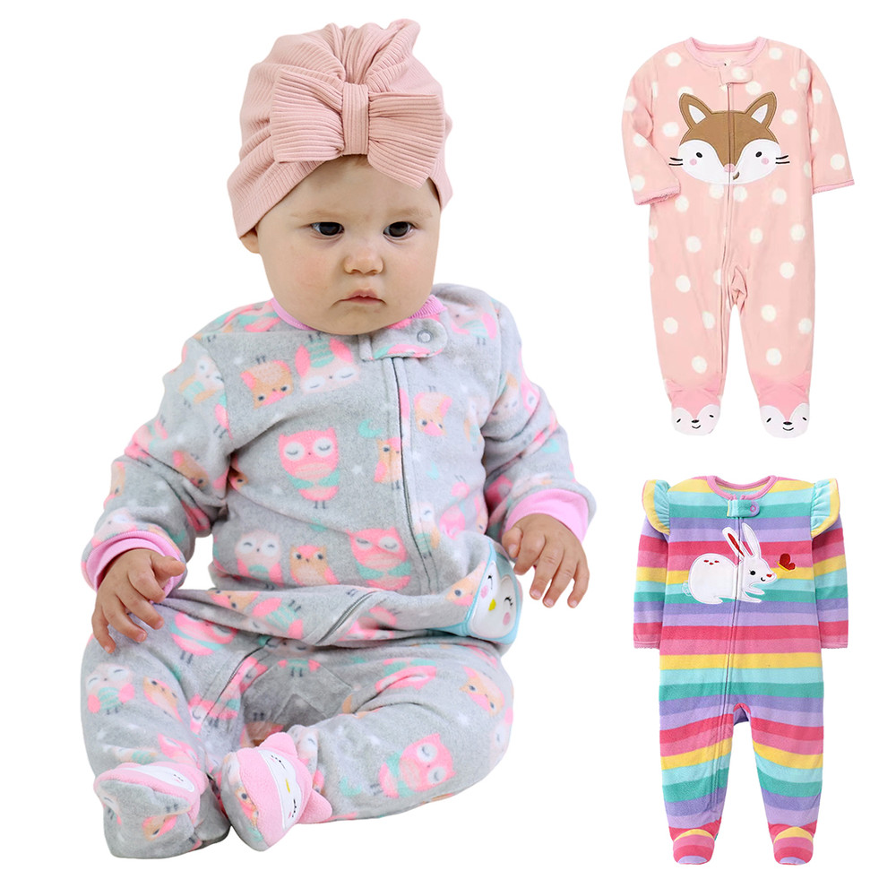 Spring Autumn Baby Girl Romper, Warm Fleece Animal Jumpsuit Pajamas Outfit with Zipper for Newborn Infants