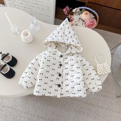 autumn winter new korean baby bow cotton jacket, baby girl hooded coat, western cotton coat for kids