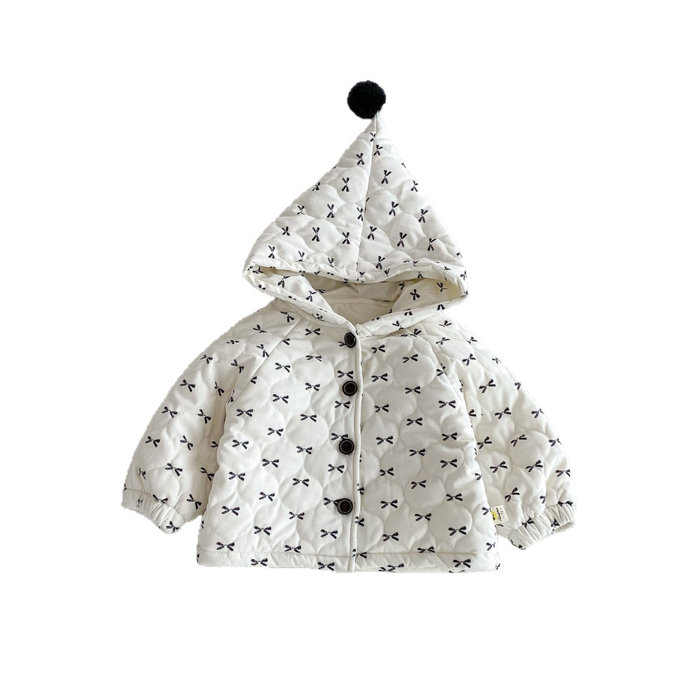 Autumn Winter New Korean Baby Bow Cotton Jacket, Baby Girl Hooded Coat, Western Cotton Coat for Kids