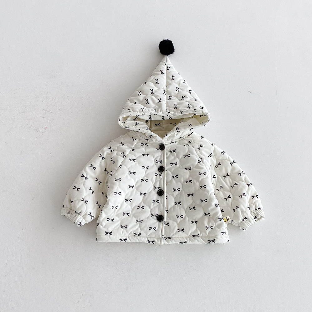 Autumn Winter New Korean Baby Bow Cotton Jacket, Baby Girl Hooded Coat, Western Cotton Coat for Kids