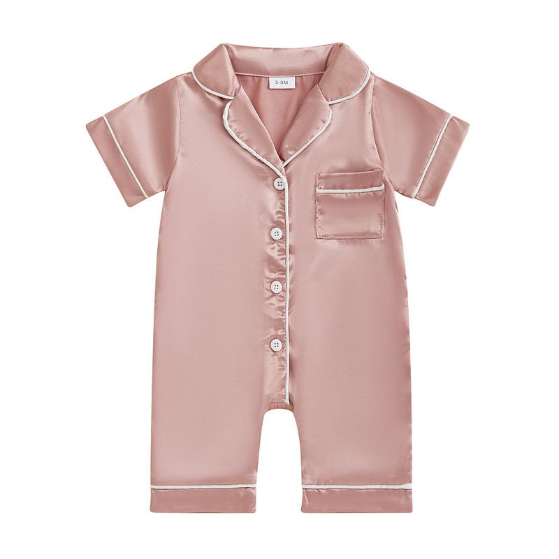 Soft Satin Baby Pajamas Romper, Patchwork Turn-Down Collar Short Sleeve Jumpsuit for Newborn Sleepwear