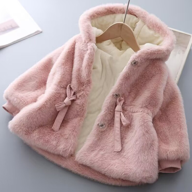 Super Warm Winter Girls Coat Mink Fur Padded, Thickened Hooded Coats Long Sleeve, Baby Kids Children Jacket Plush