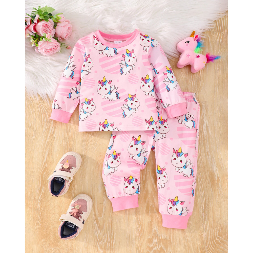 Pink Rainbow Unicorn Pajama Set for Baby Girls, 2PC Long Pants Pajamas with Full Print, Soft Skin-Friendly Fabric