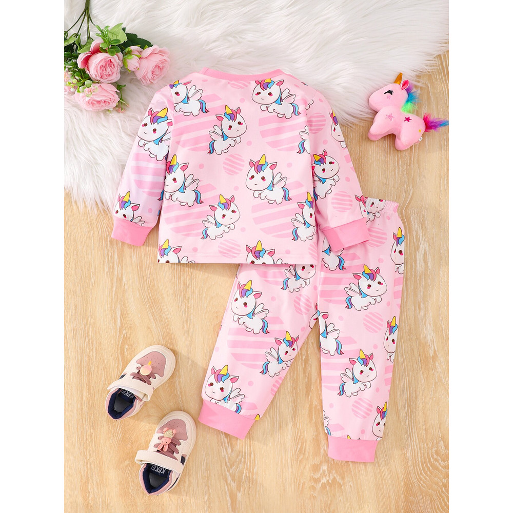 Pink Rainbow Unicorn Pajama Set for Baby Girls, 2PC Long Pants Pajamas with Full Print, Soft Skin-Friendly Fabric