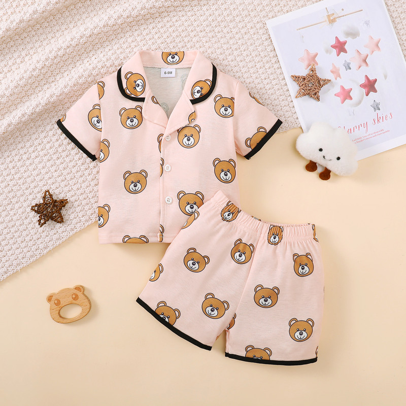 2PCS Pajama Set, Cartoon Cute Pattern Short Sleeved Top, Shorts, Comfortable & Soft Summer Home Wear for Baby Boy, Girl