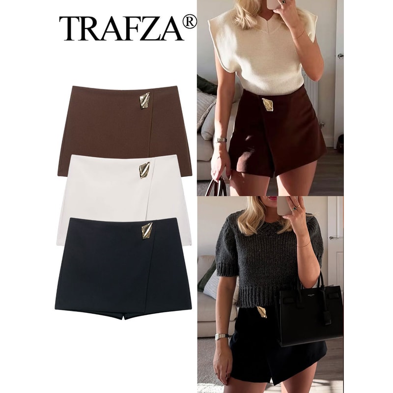 TRAFZA Women's Fashion Asymmetric Culottes, High Waist A Line Elegant Pantskirt with Metal Applique and Side Zipper