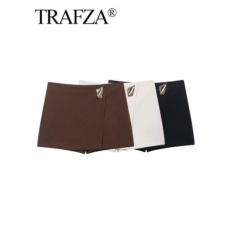 TRAFZA Women's Fashion Asymmetric Culottes, High Waist A Line Elegant Pantskirt with Metal Applique and Side Zipper