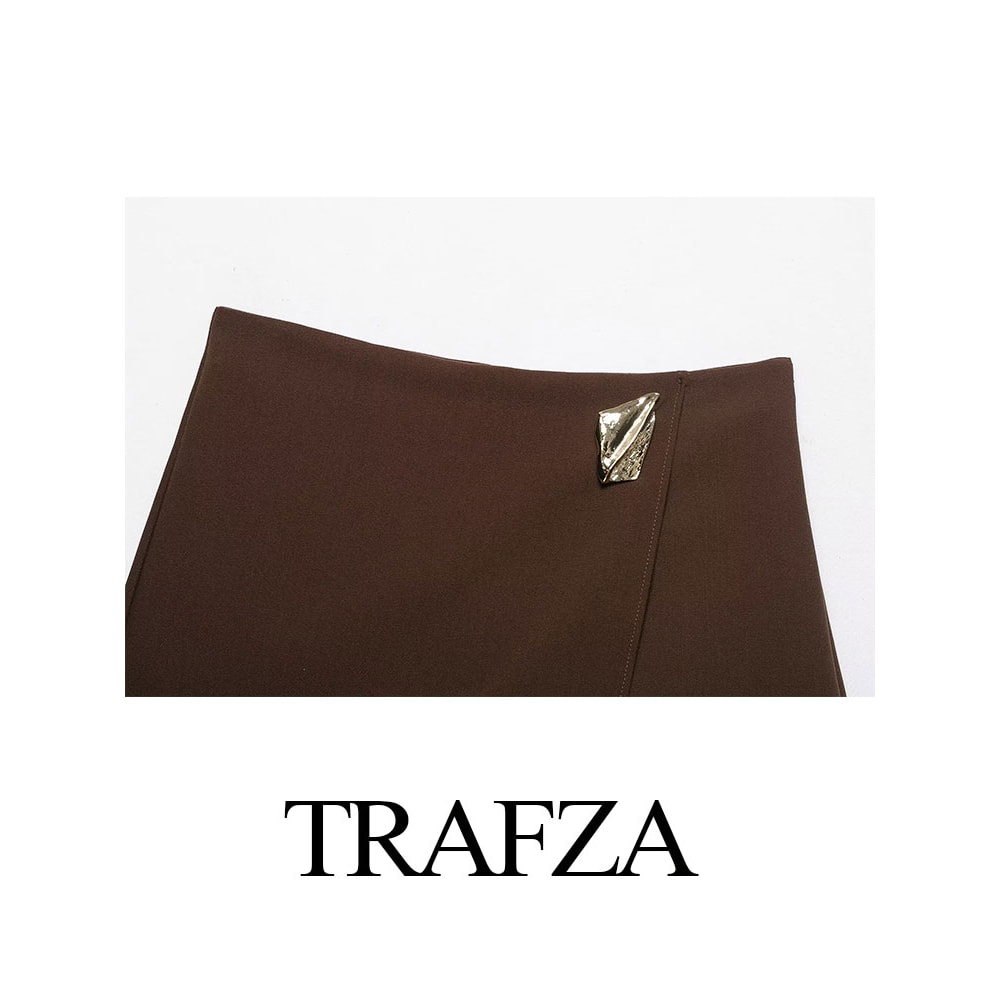 TRAFZA Women's Fashion Asymmetric Culottes, High Waist A Line Elegant Pantskirt with Metal Applique and Side Zipper
