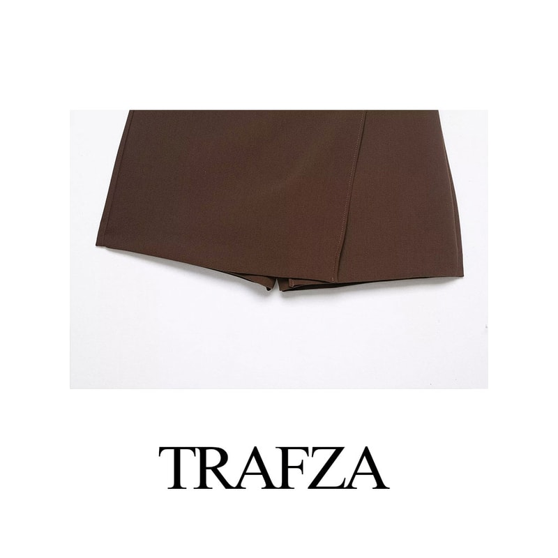 TRAFZA Women's Fashion Asymmetric Culottes, High Waist A Line Elegant Pantskirt with Metal Applique and Side Zipper