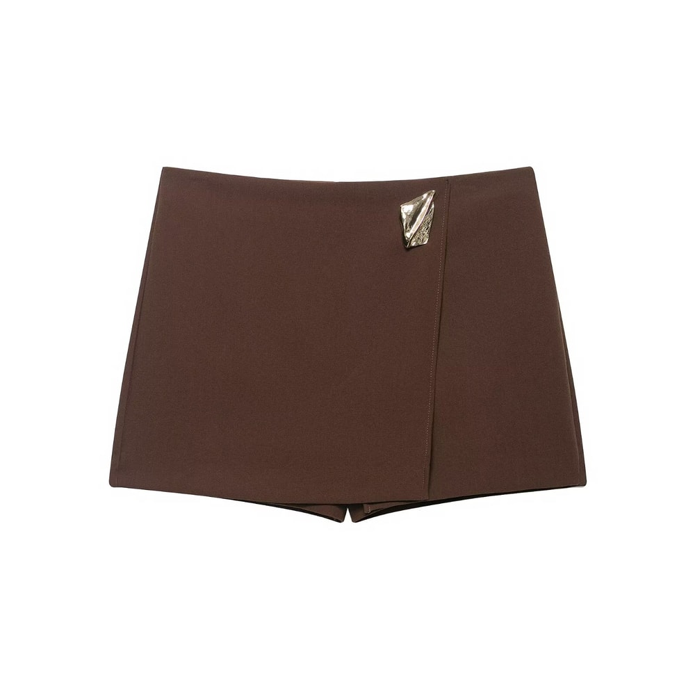 TRAFZA Women's Fashion Asymmetric Culottes, High Waist A Line Elegant Pantskirt with Metal Applique and Side Zipper