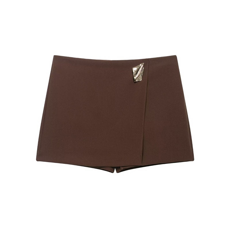 TRAFZA Women's Fashion Asymmetric Culottes, High Waist A Line Elegant Pantskirt with Metal Applique and Side Zipper