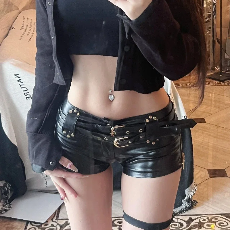 Women's Vintage Nightclub Shorts, Sexy Low Waist PU Leather Belt Shorts, Fashionable Versatile Booty Shorts for Dressing