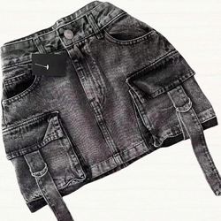 vintage goth denim skirt, y2k harajuku mini skirt with multiple pockets, plaid lining, womens casual streetwear