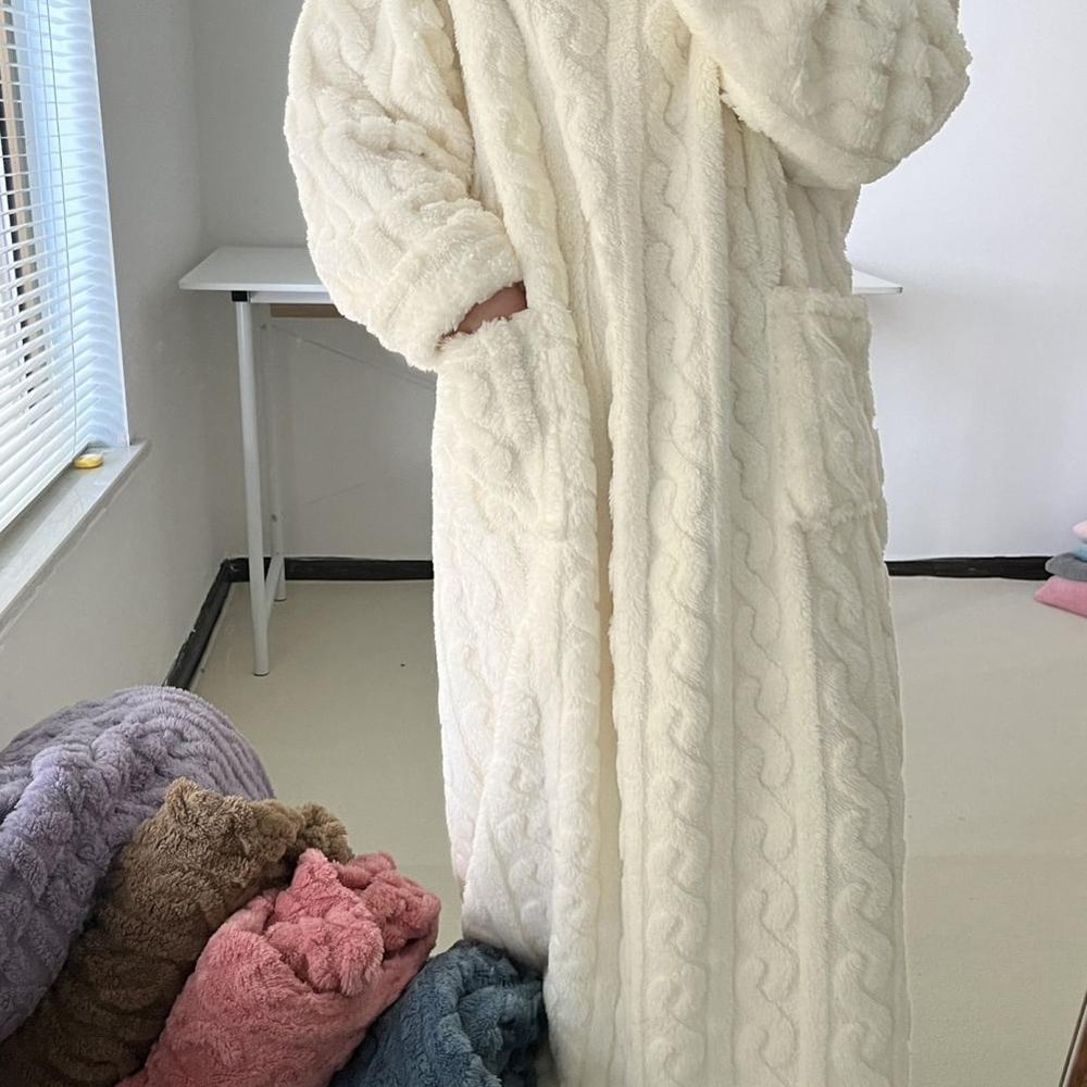 Winter Warm Nightdress for Women, Thickened Flannel Nightgown Long Sleeve, Loose Fit Sleepwear with Double Pocket, Solid