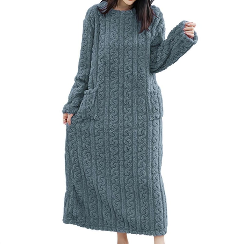 Winter Warm Nightdress for Women, Thickened Flannel Nightgown Long Sleeve, Loose Fit Sleepwear with Double Pocket, Solid