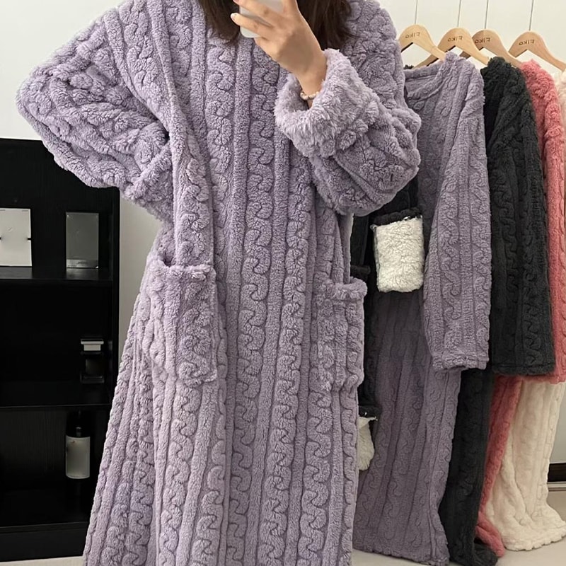 Winter Warm Nightdress for Women, Thickened Flannel Nightgown Long Sleeve, Loose Fit Sleepwear with Double Pocket, Solid