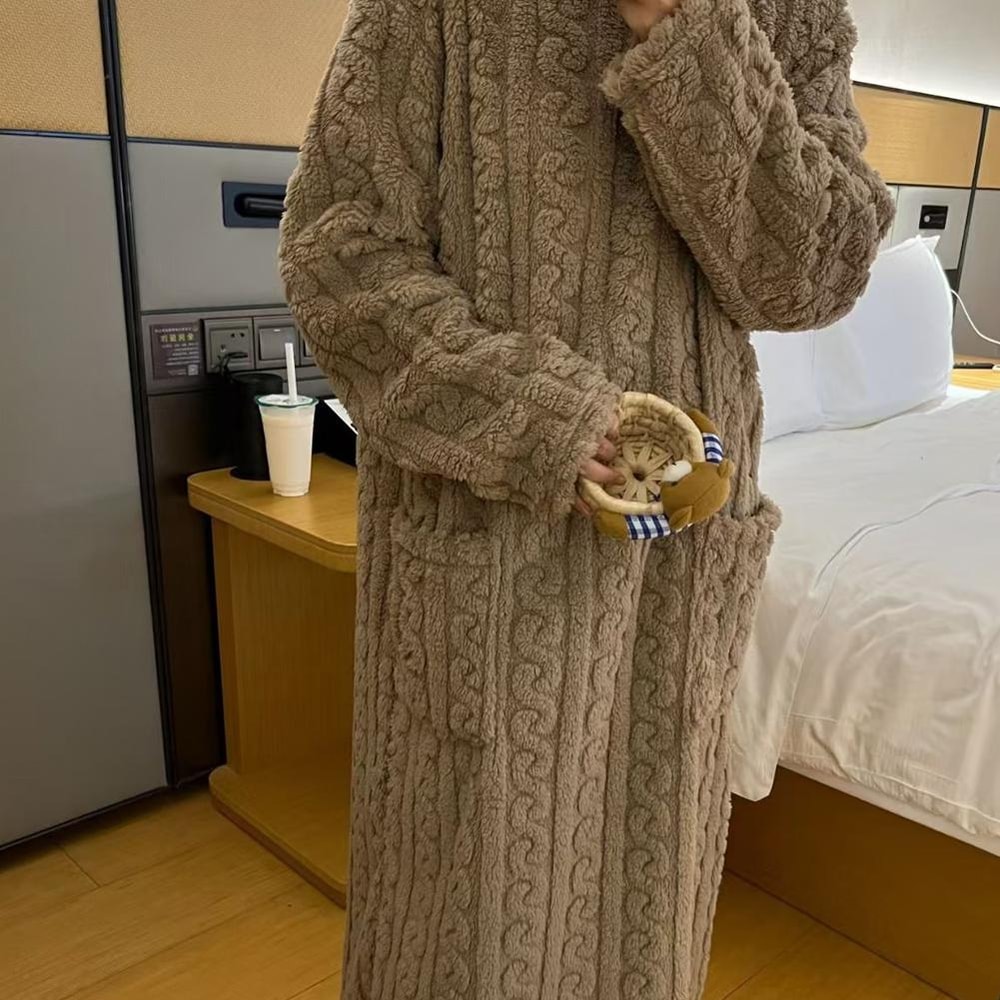 Winter Warm Nightdress for Women, Thickened Flannel Nightgown Long Sleeve, Loose Fit Sleepwear with Double Pocket, Solid
