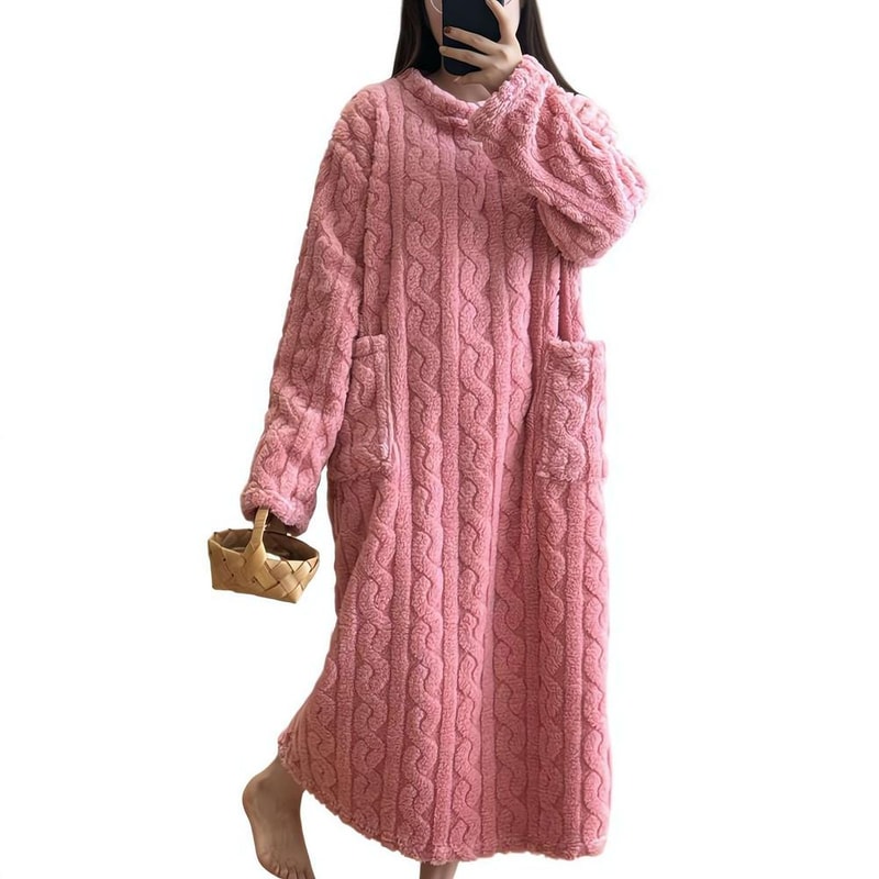 Winter Warm Nightdress for Women, Thickened Flannel Nightgown Long Sleeve, Loose Fit Sleepwear with Double Pocket, Solid
