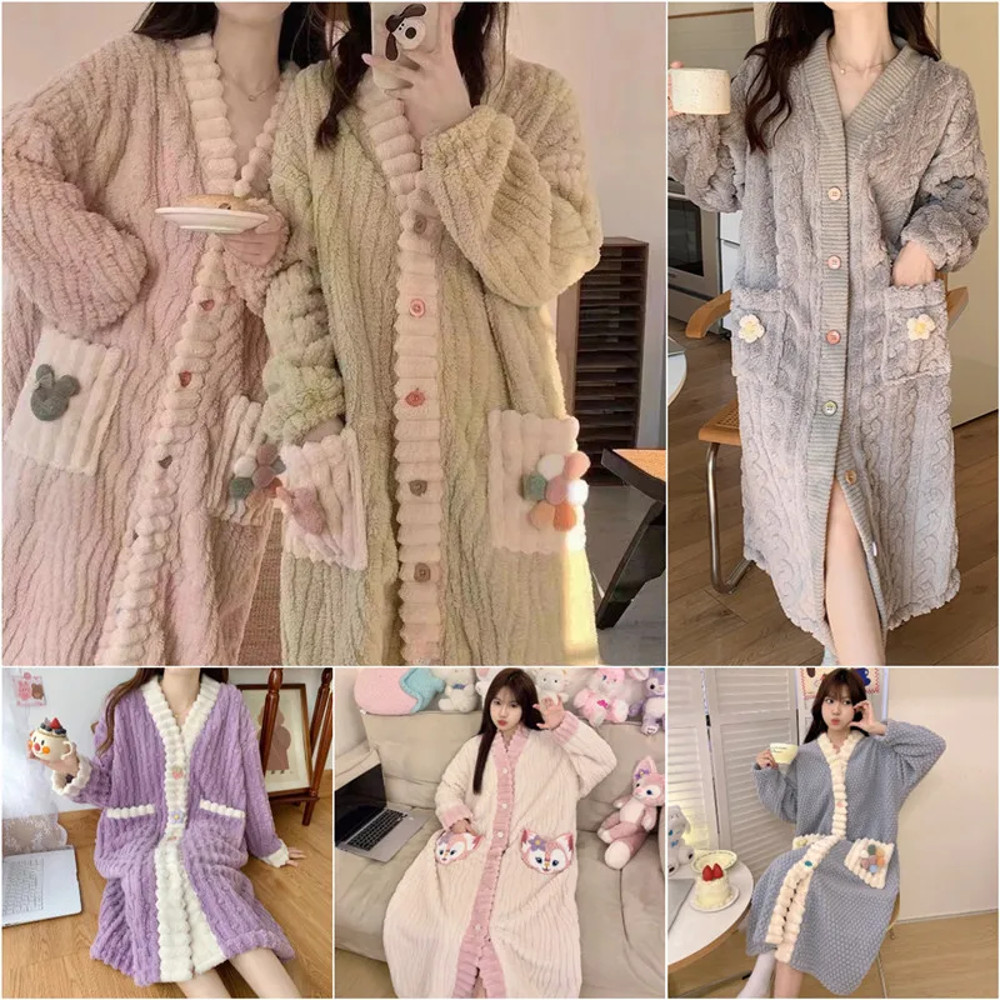 Women's Flannel Pajamas, Long Sleeve Thermal Nightgown, Plus Size Warm Robe, Thickened Winter Bathrobe with Pockets