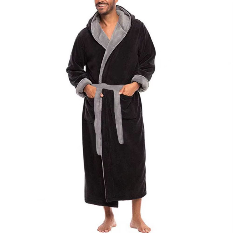 Mens Plush Bathrobe With Pockets Soft Coral Fleece Robe Long Sleeve Home Gown For Winter Sleepwear  0