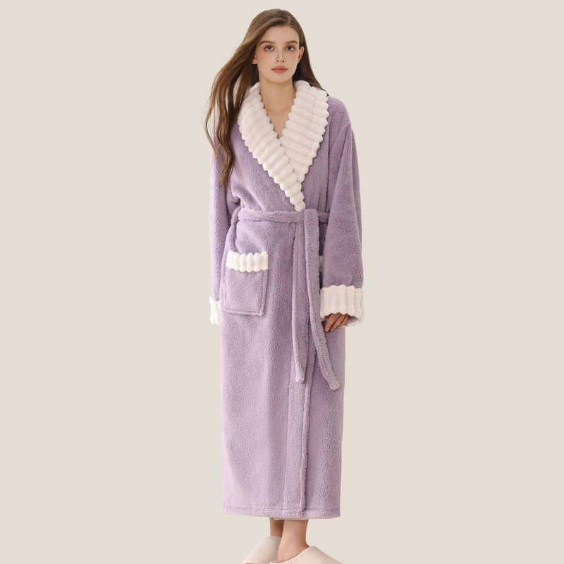 Winter Women's Long Sleeve Flannel Nightgown, Thickened Warm Coral Fleece Nightdress with Pockets, Loose Fit Sleepwear